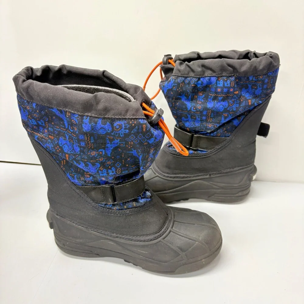 Columbia Snow Boots Big Kids Size 4 Black Blue Bear Print Waterproof Winter
